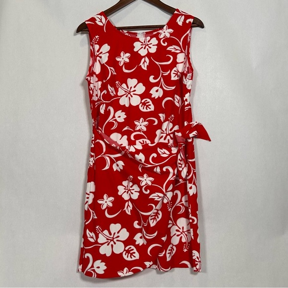 Paunani Hibiscus Sleeveless Mock Wrap Tie Front Midi Hawaiian Sarong Dress - Picture 1 of 10